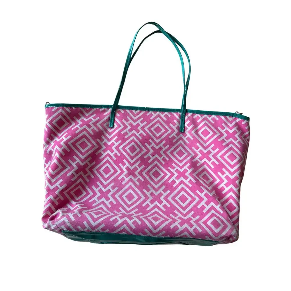 Sondra Roberts Pink Geometric Canvas Large Zip Tote Bag Green Trim